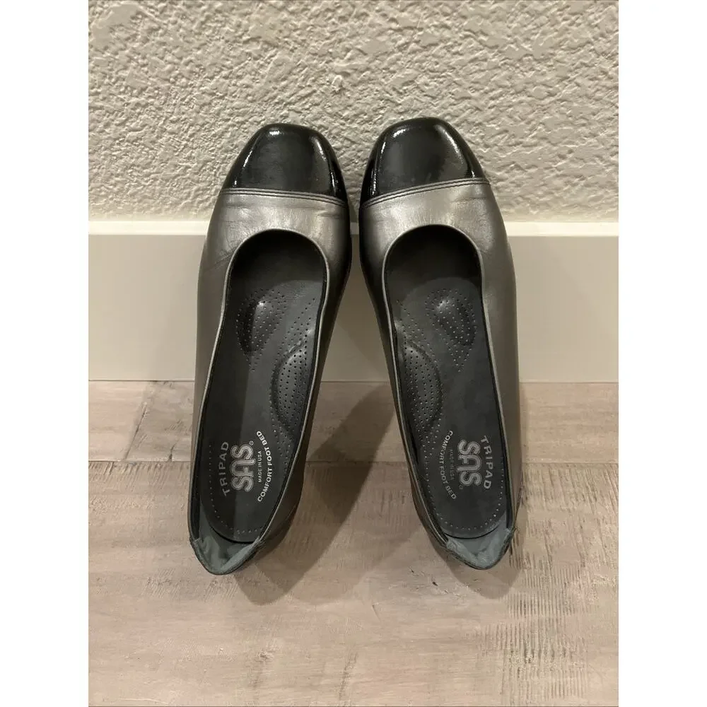 NEW SAS Tripad Comfort Leather Ballet Flats Graphite Black Cap Toe Slip On 6.5